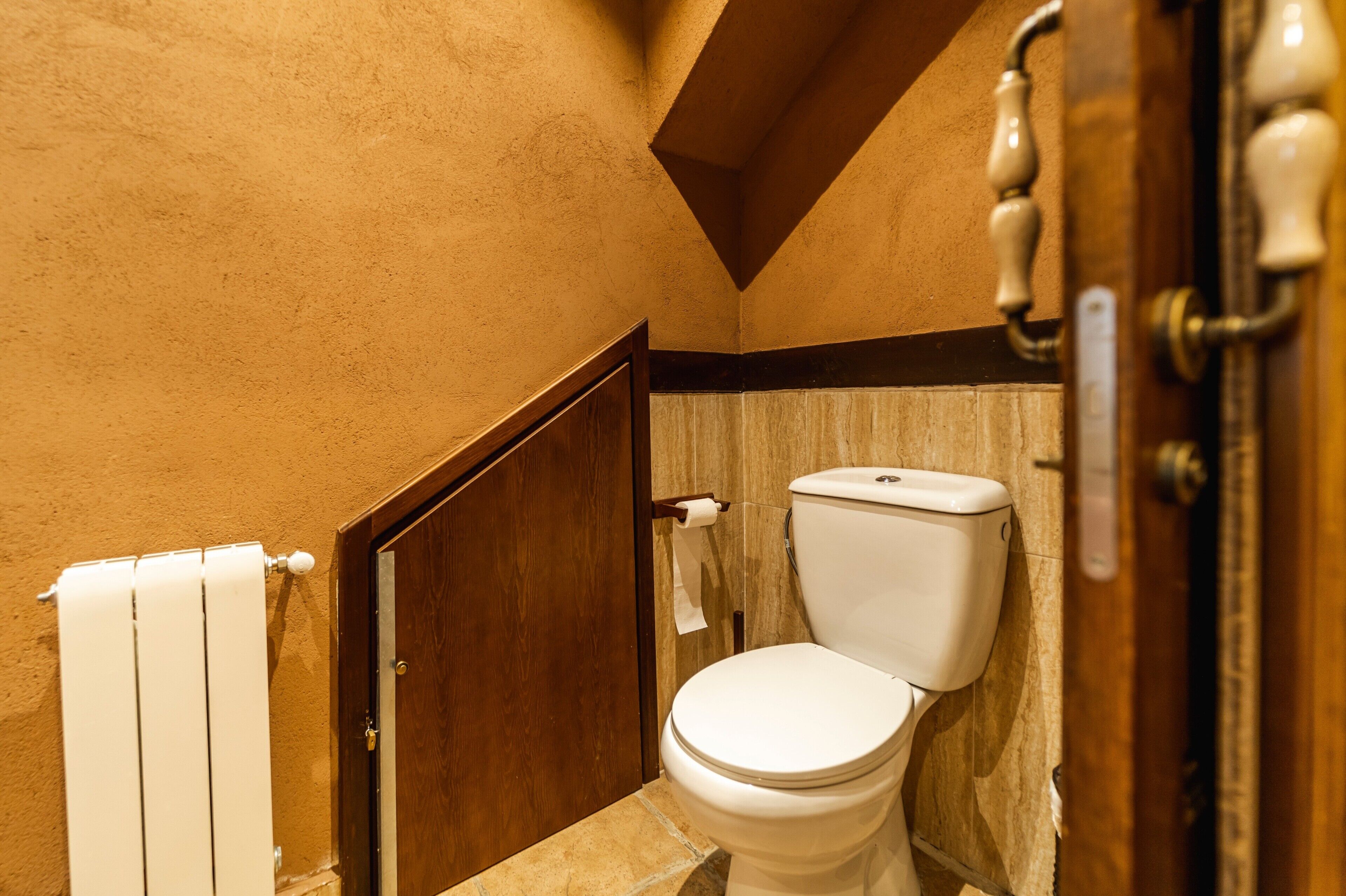 A small bathroom with a toilet, a towel rack, and a wooden door.
