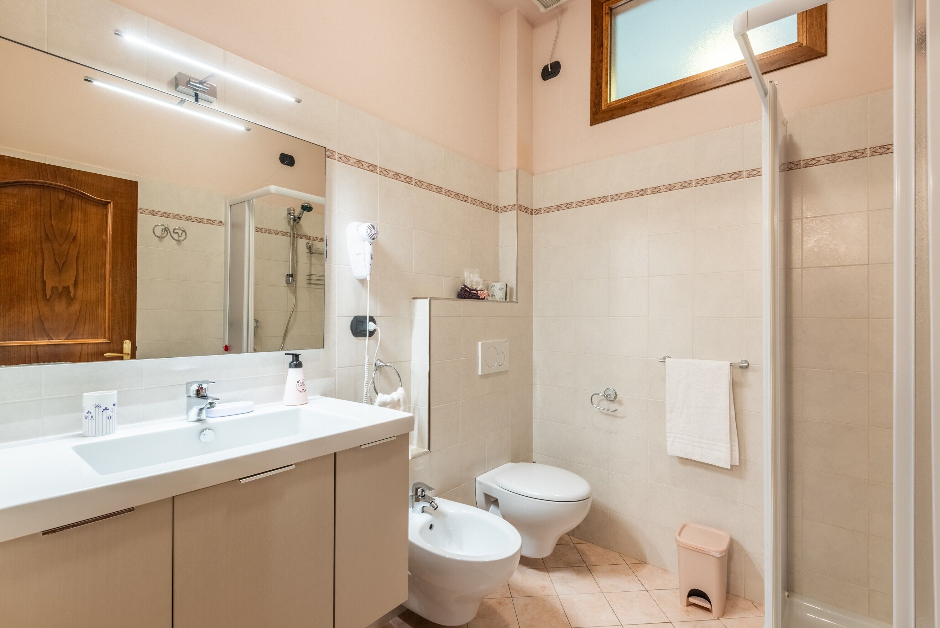 Shower, hair dryer, towels