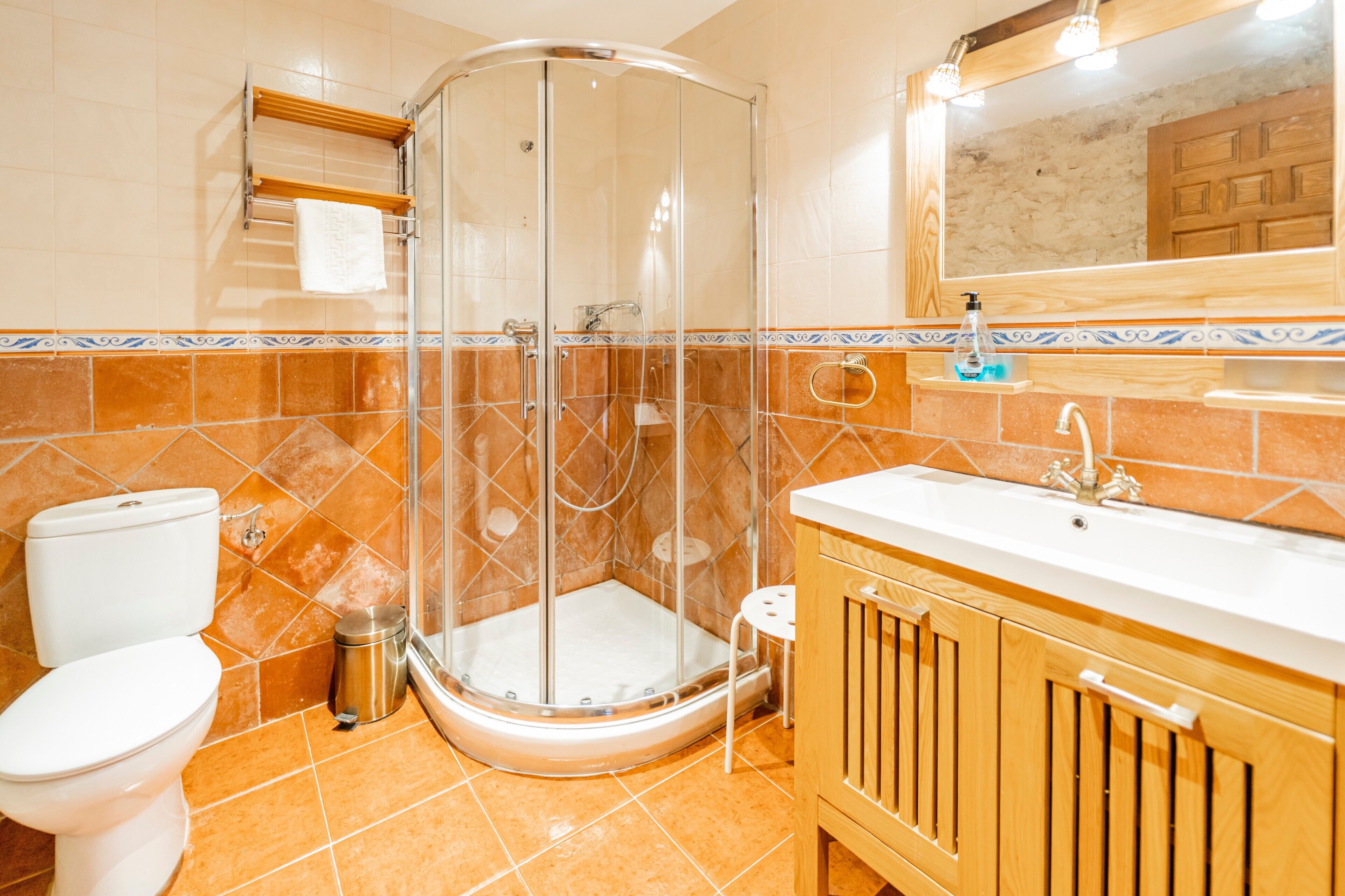 A bathroom with a glass-enclosed shower, a white toilet, and a wooden vanity with a sink.