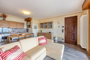 Ein Wohnzimmer mit einer Couch, einem Esstisch und einer Küchenzeile mit Schränken und Geräten.