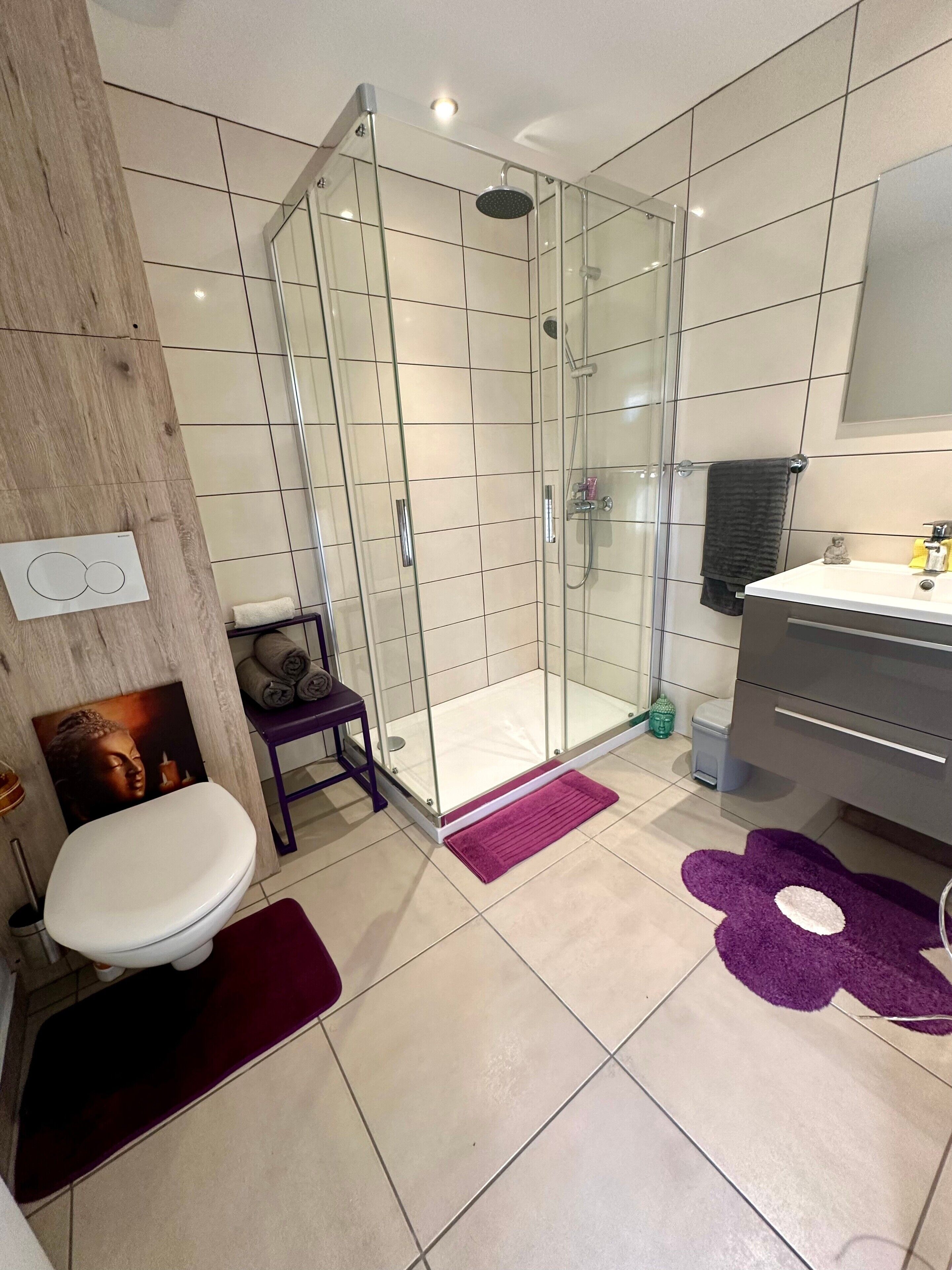 A modern bathroom with a glass-enclosed shower, a toilet, a sink, and a mirror.