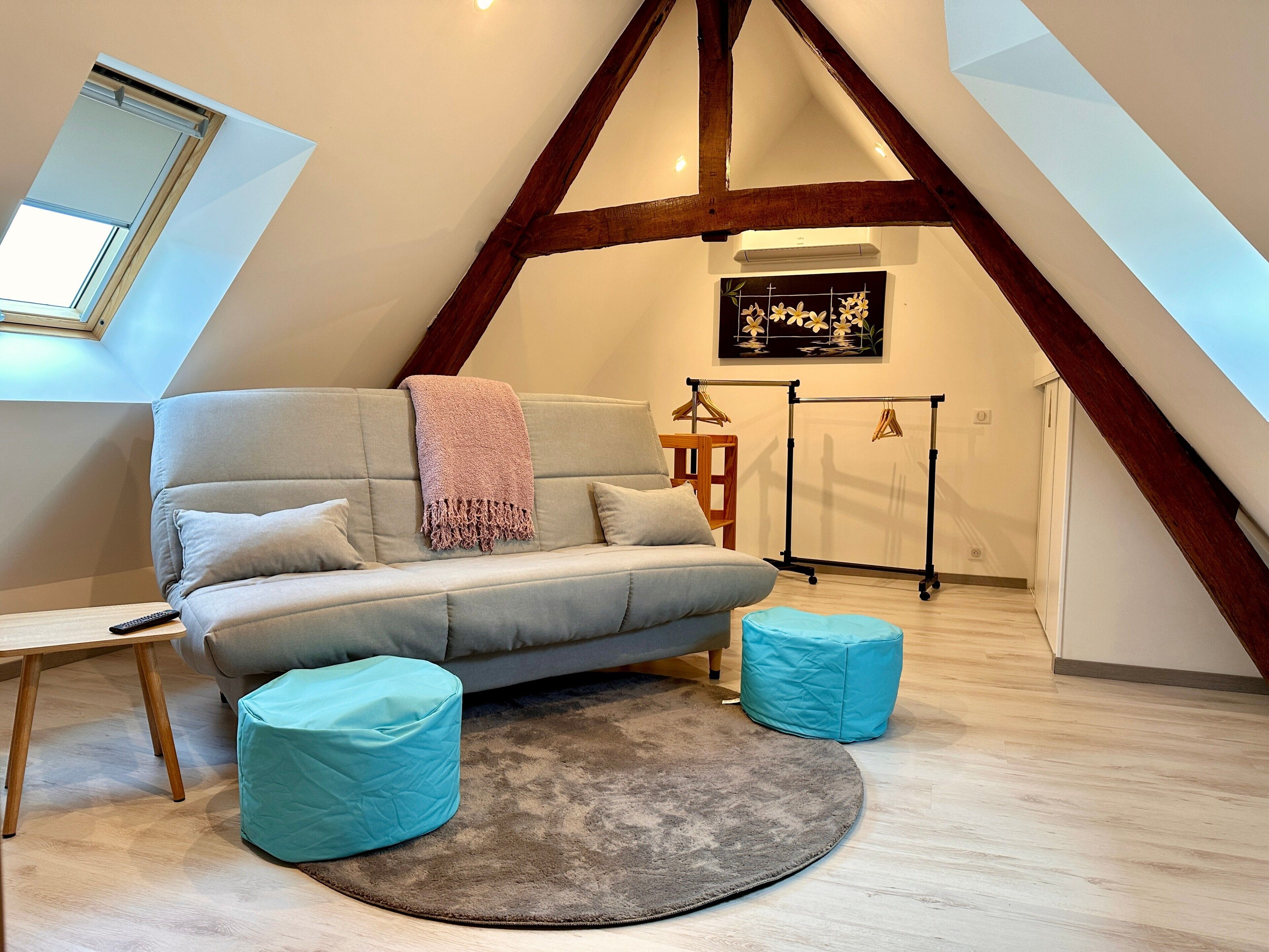Slaapkamer in loftstijl met een slaapbank, poefs, een vloerkleed en een kledingrek.