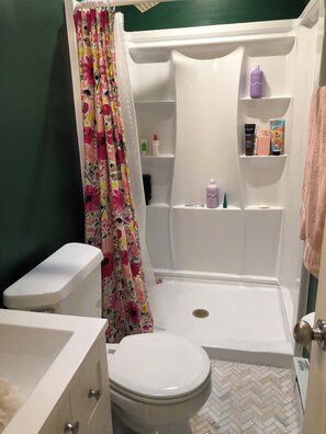 Chuveiro, secador de cabelo, toalhas de banho, sabonete