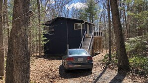 A cabin with a car parked in front, surrounded by trees and a mountain in the background.