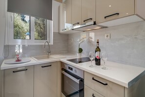 Fridge, oven, stovetop, coffee/tea maker - Gkountis Deluxe Studio Apartment with Sea View, Shared Pool & Wi-Fi (Lefkada)