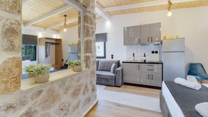 A modern interior with a stone wall, a sofa, a bed, a kitchen, and a mirror reflecting the room. - Studio Apartment '3' with Sea View, Wi-Fi and Air Conditioning (?e???da)