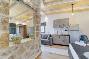 A modern interior with a stone wall, a sofa, a bed, a kitchen, and a mirror reflecting the room.