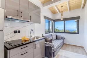 Fridge, stovetop, coffee/tea maker, cookware/dishes/utensils