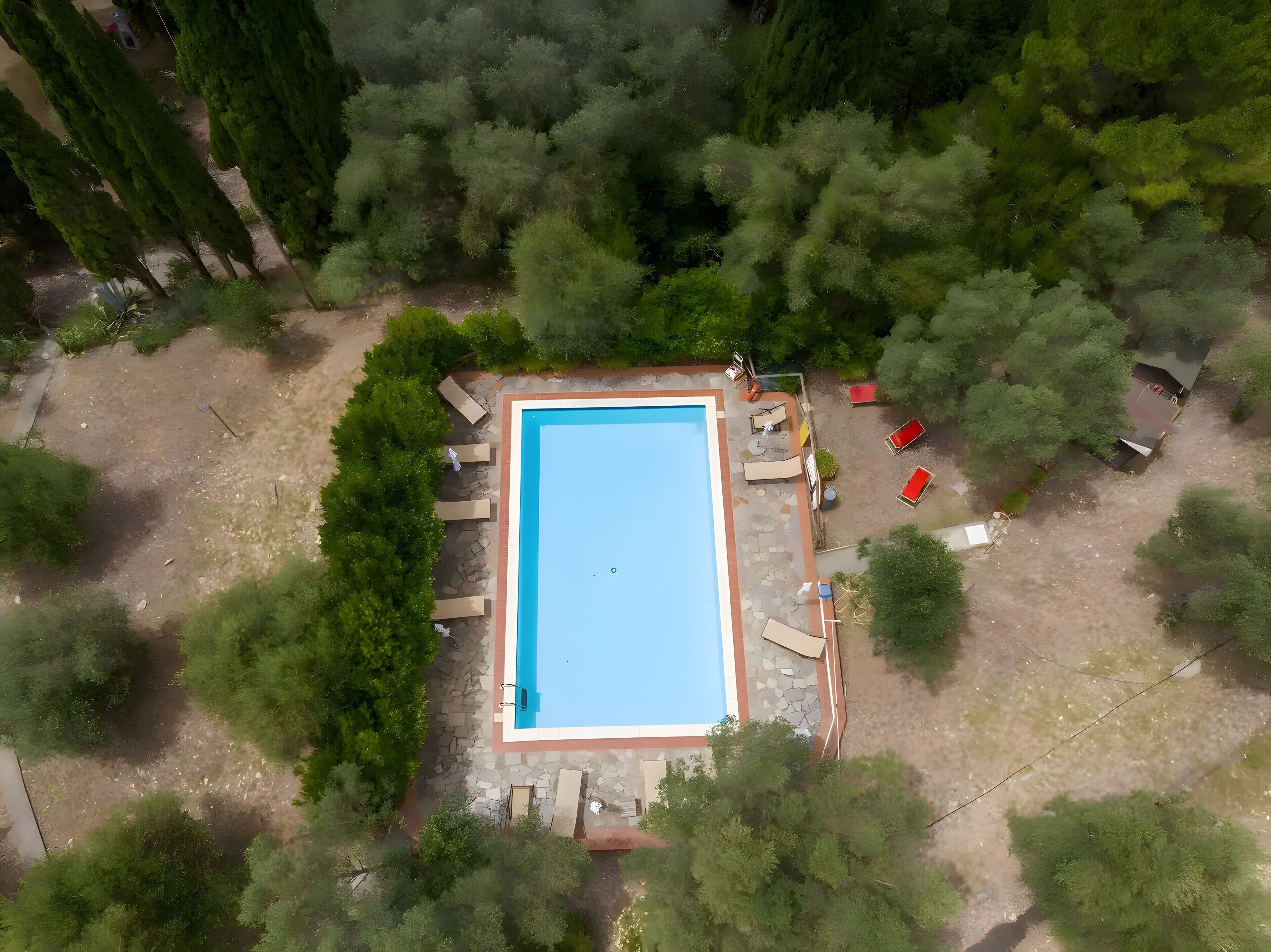 En vy från ovan av en rektangulär swimmingpool omgiven av träd, med solstolar och en liten uteplats.