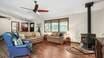 TV, fireplace, DVD player, books