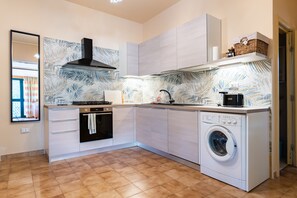 A compact kitchen with a stove, oven, sink, and washing machine.