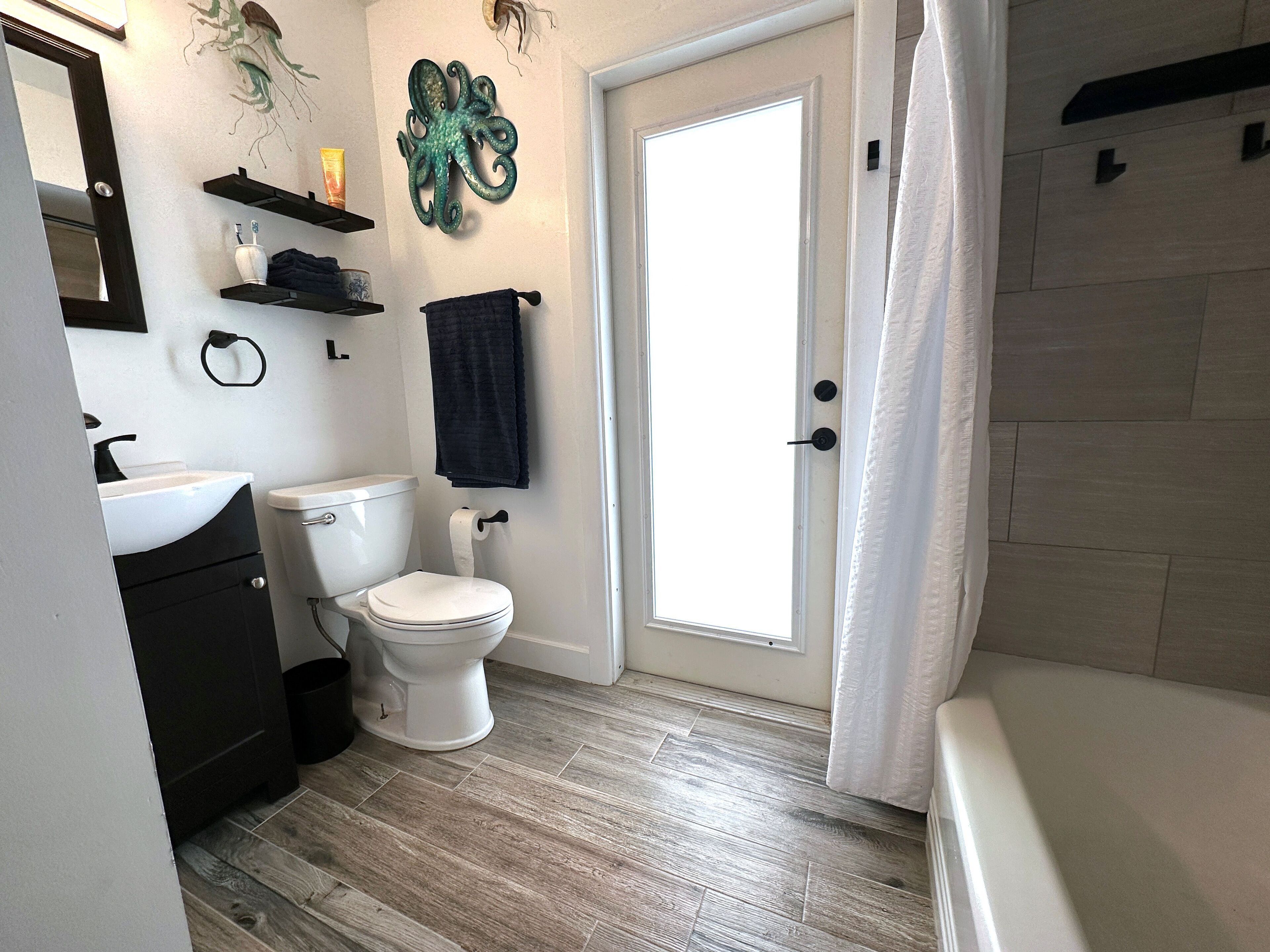 Hair dryer, towels, soap, shampoo