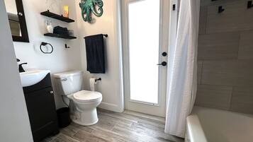 Hair dryer, towels, soap, shampoo