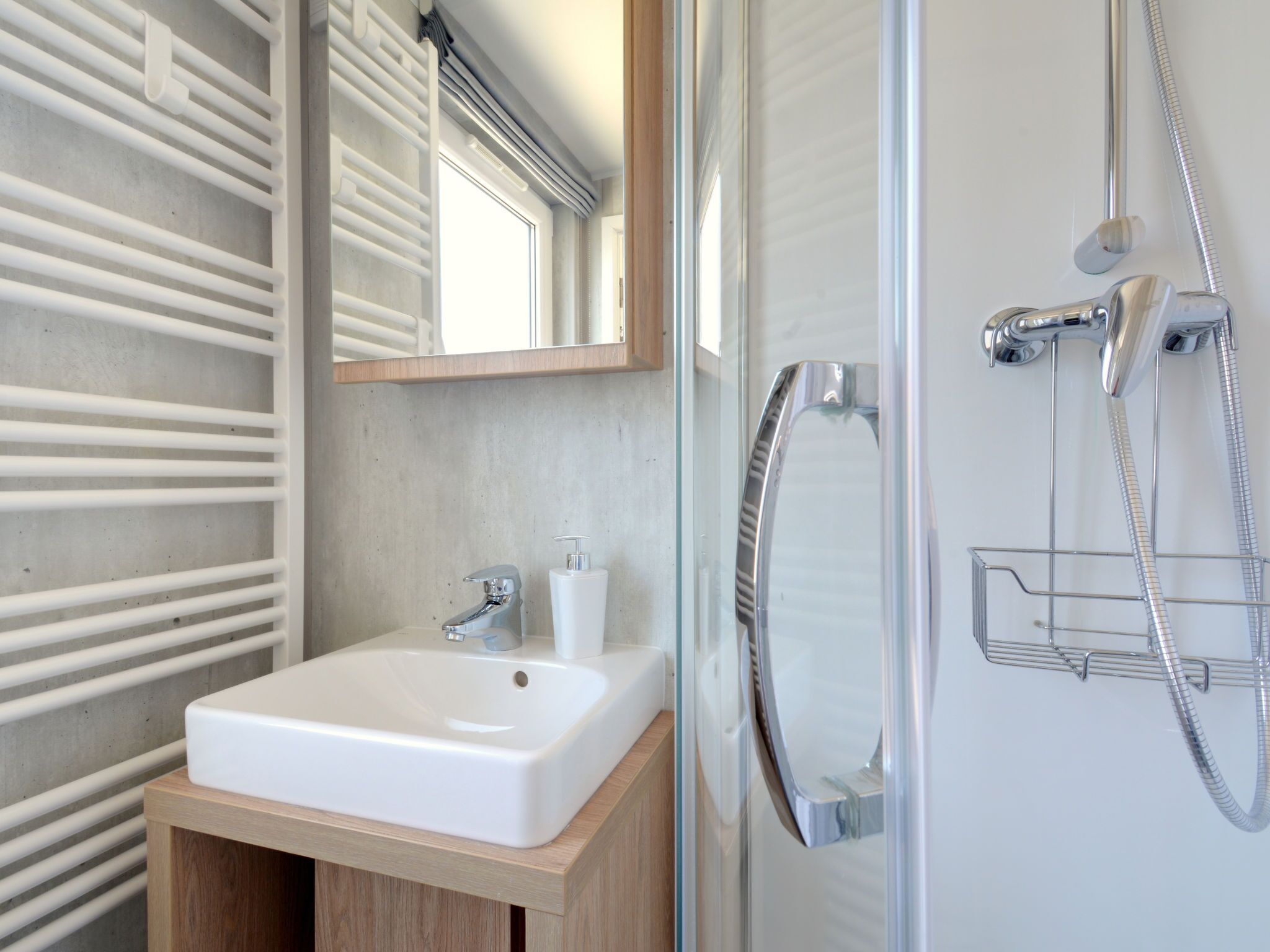 A modern bathroom with a white sink, a mirror, and a shower with a glass door.