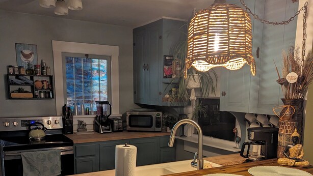 A modern kitchen with a central island, stainless steel appliances, and a hanging light fixture. - Remodeled Historical Home 2 blocks from CSU campus and 3 blocks to Old Town  (Fort Collins)