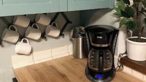 A kitchen with teal cabinets, a coffee maker, a potted plant, and a set of white mugs on the counter. - Remodeled Historical Home 2 blocks from CSU campus and 3 blocks to Old Town  (Fort Collins)