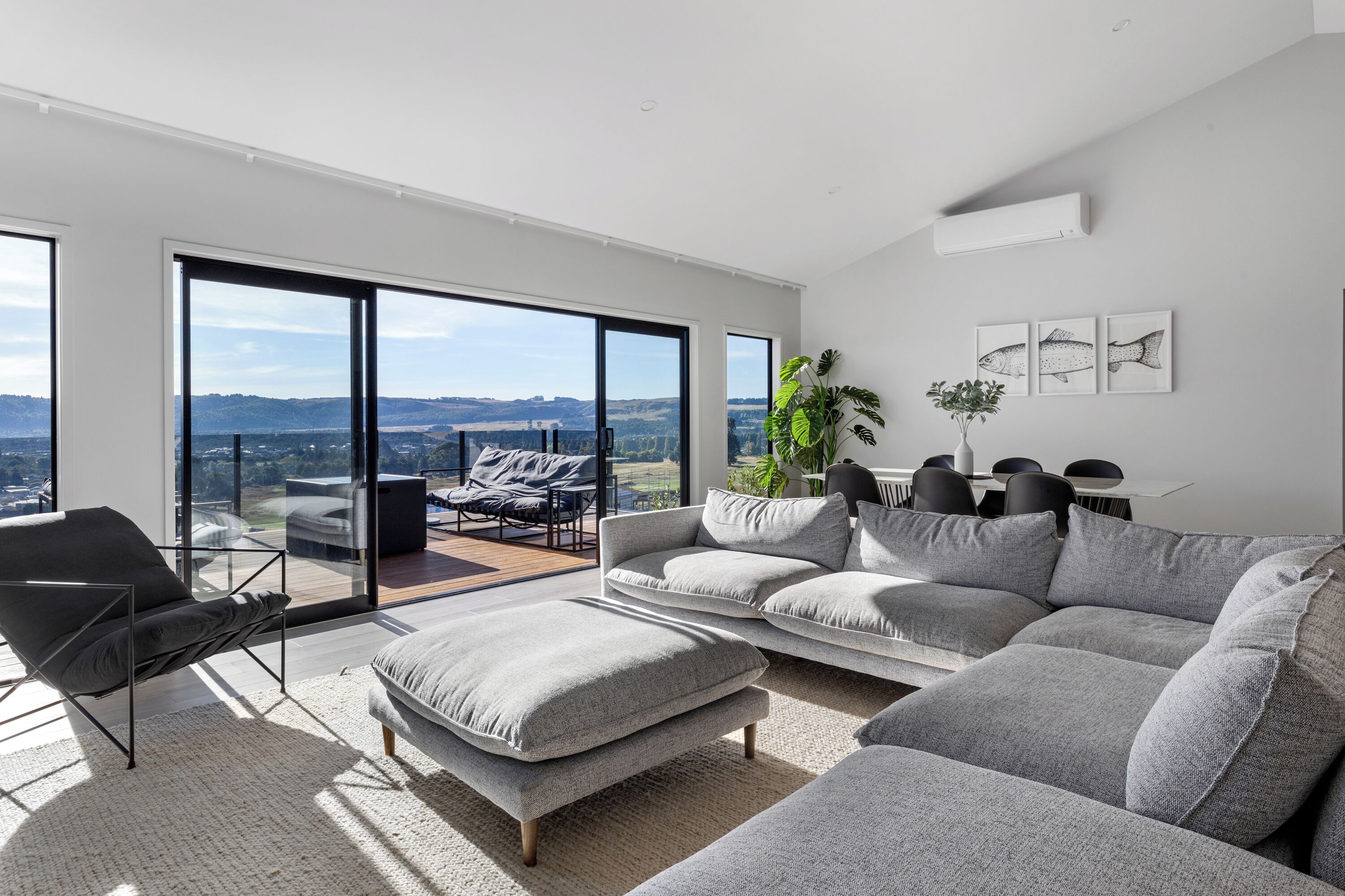 Smart TV, fireplace, books, stereo