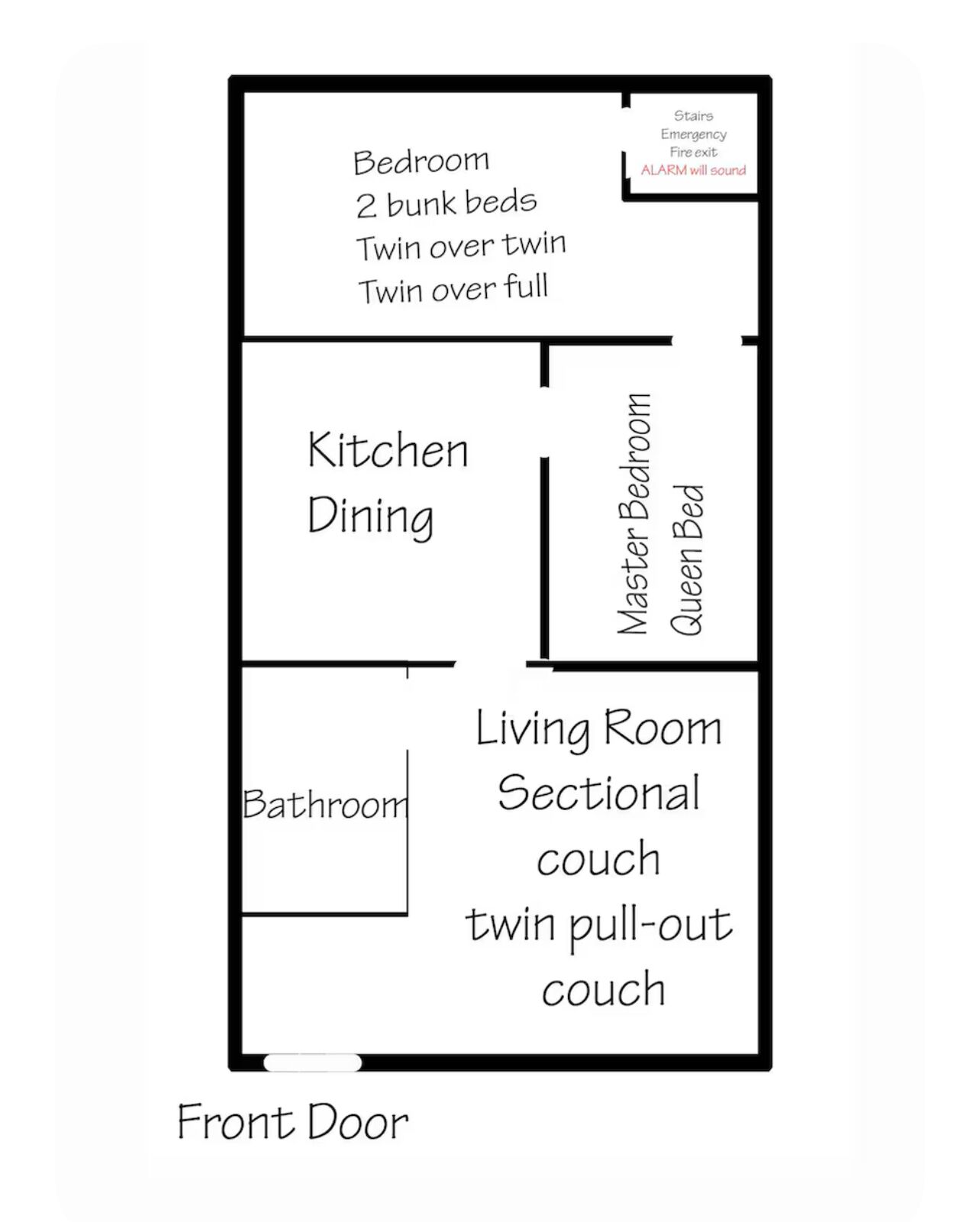 A floor plan with a bedroom, kitchen, dining area, bathroom, and living room.