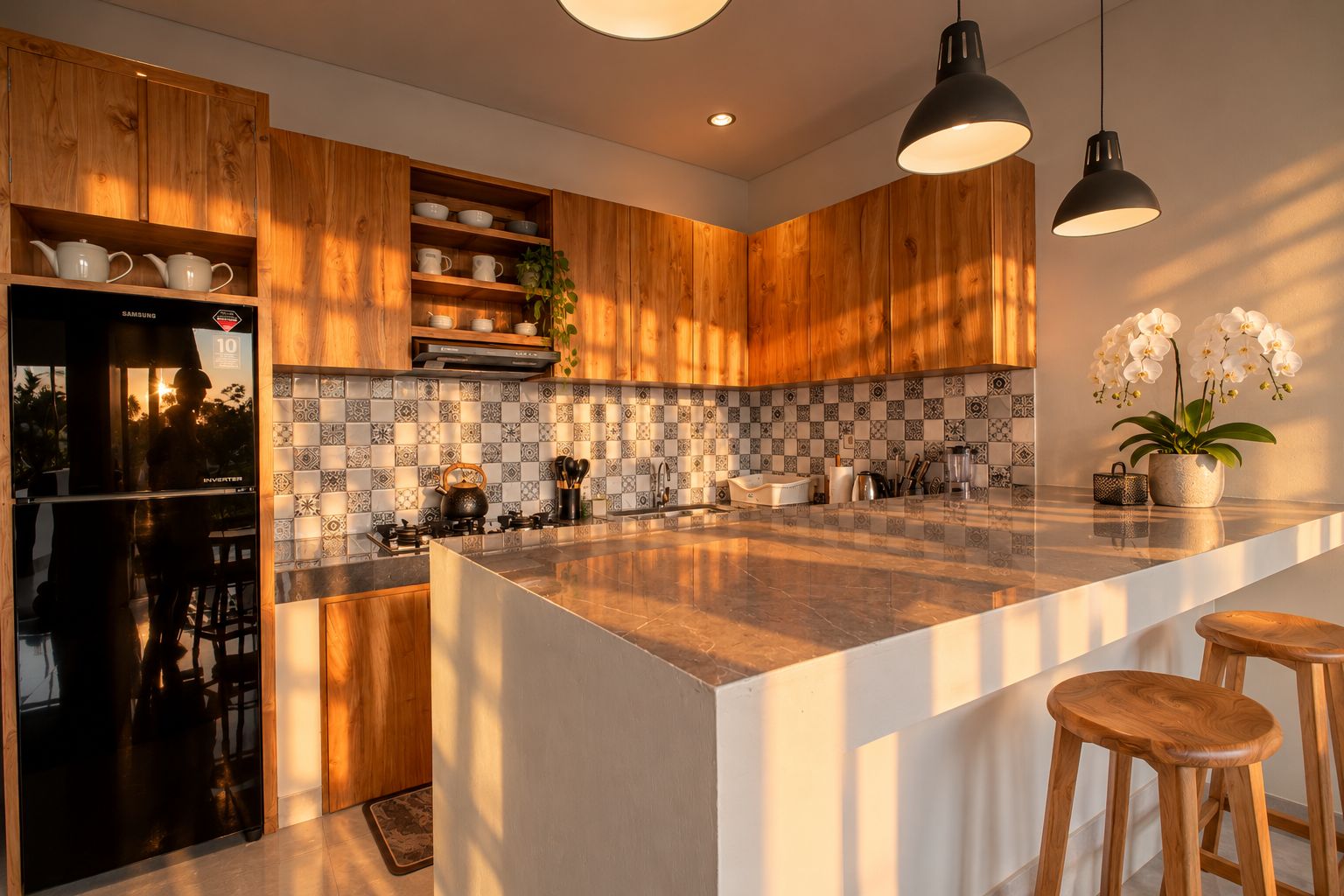 Cocina moderna con armarios de madera, una isla grande e iluminación colgante.