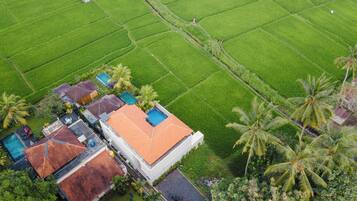 Vista aérea de una propiedad con varias edificaciones, piscina y campos verdes exuberantes.