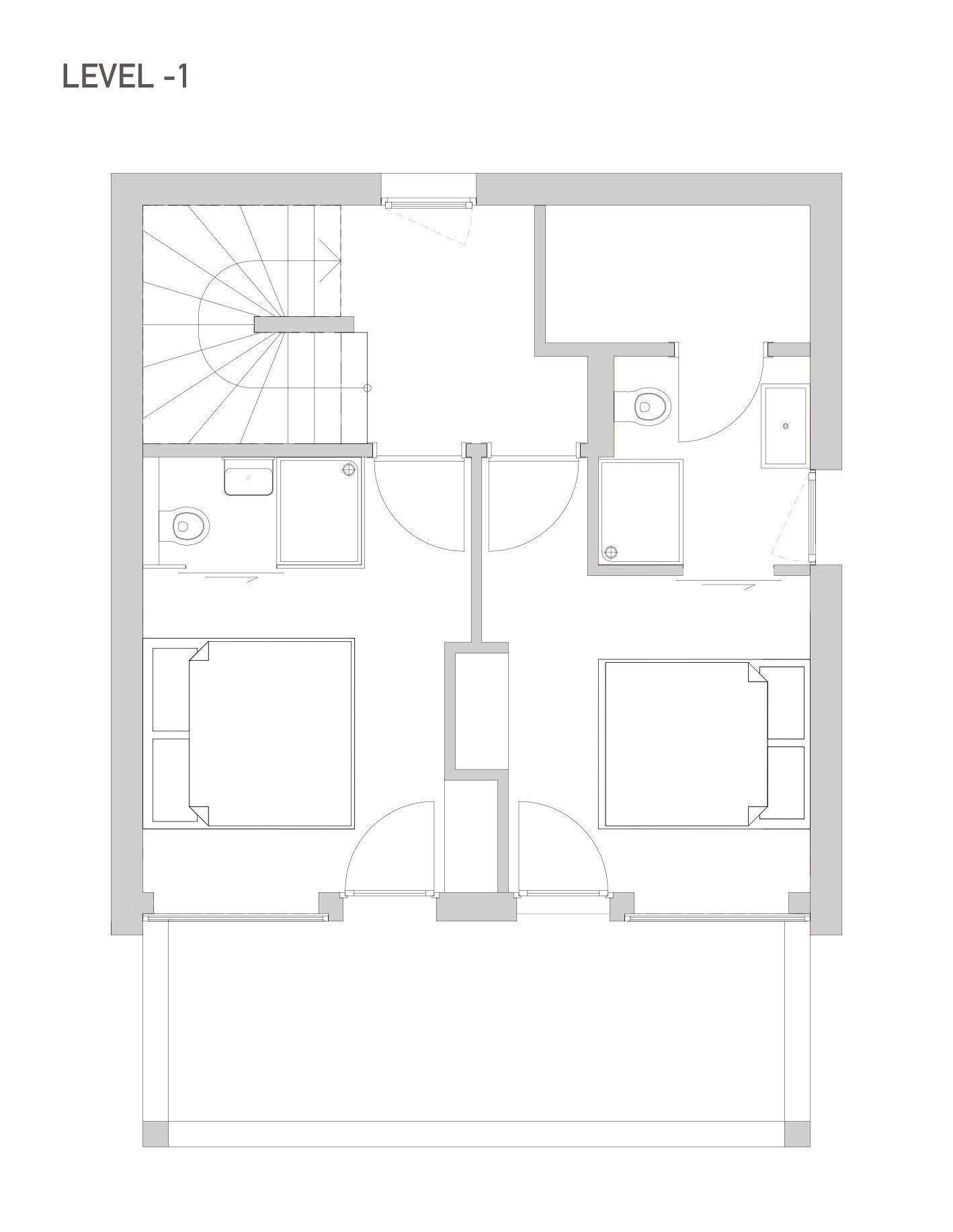 Ein Grundriss eines Hotels mit mehreren Zimmern, einer zentralen Diele und einer Treppe.
