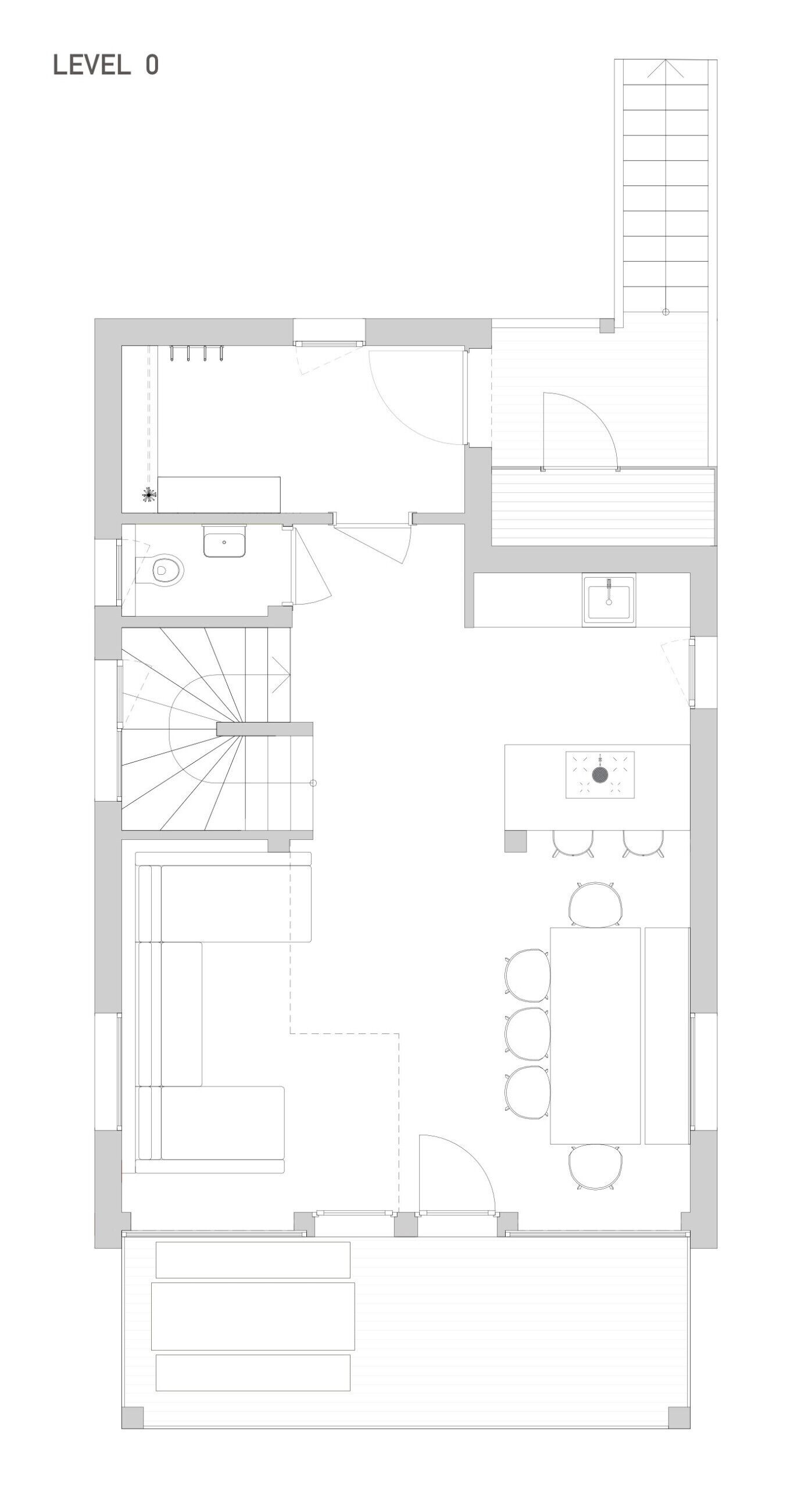 A floor plan of a hotel room with a bathroom, a kitchenette, a dining area with a table and chairs, and a large bed.