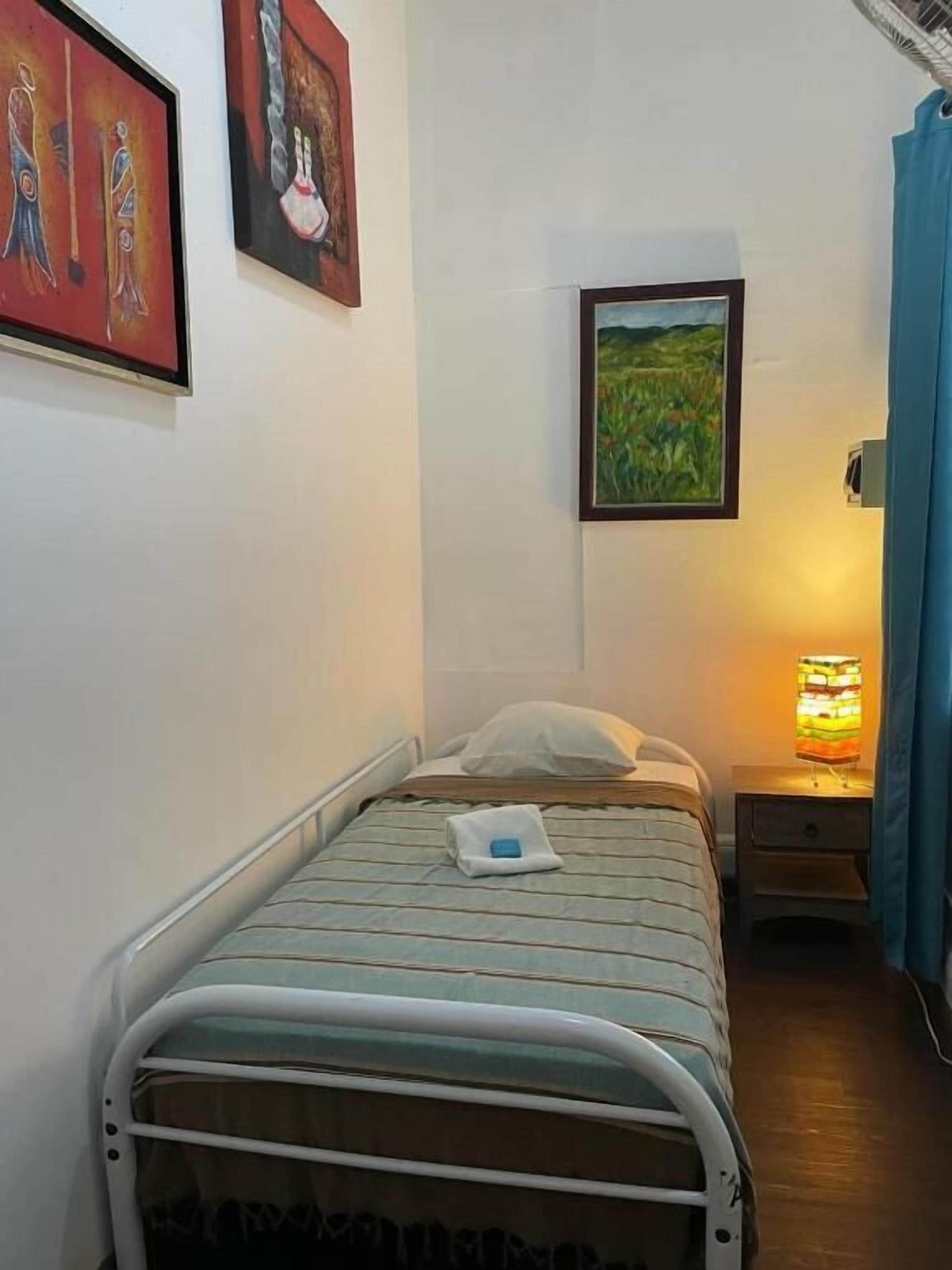 Una cama individual con estructura metálica, una mesita de noche con lámpara y un cuadro enmarcado en la pared.