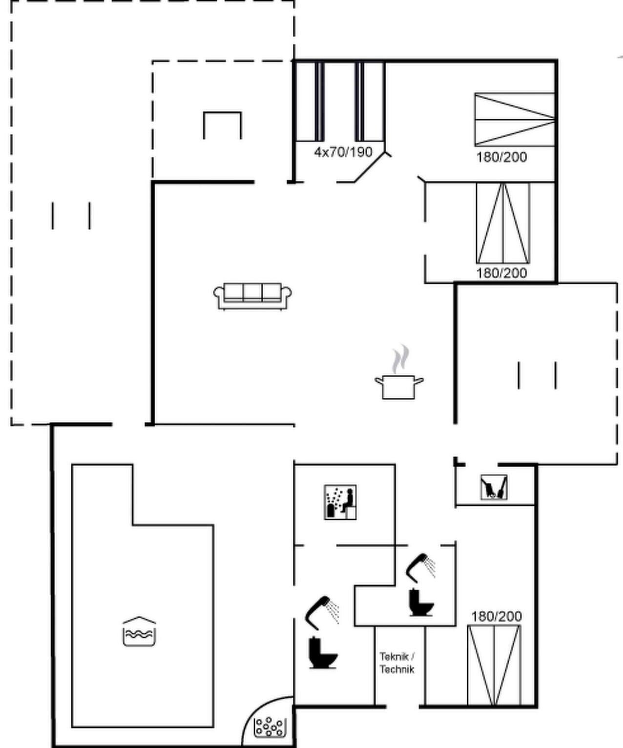 A floor plan with a living area, kitchenette, bathroom, and a small bedroom.
