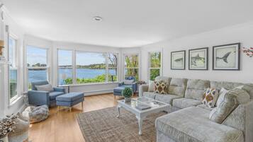 Smart TV, fireplace, books, offices