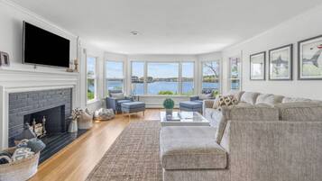 Smart TV, fireplace, books, offices