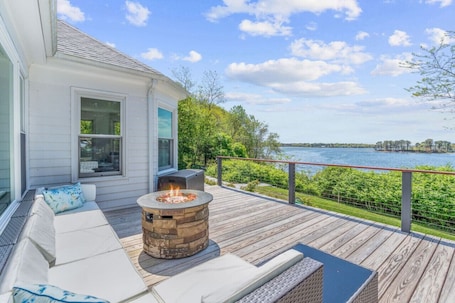 Terrace/patio. Stunning Waterfront Home with Hot Tub, Deck, Fire Pits, Office & More