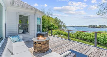 Stunning Waterfront Home with Hot Tub, Deck, Fire Pits, Office & More