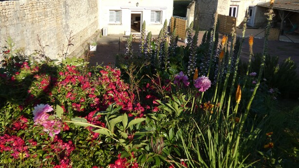 Una casa de piedra tradicional con fachada blanca y techo oscuro, rodeada de abundante vegetación y plantas en flor.