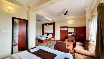 Premium bedding, desk, laptop workspace, soundproofing