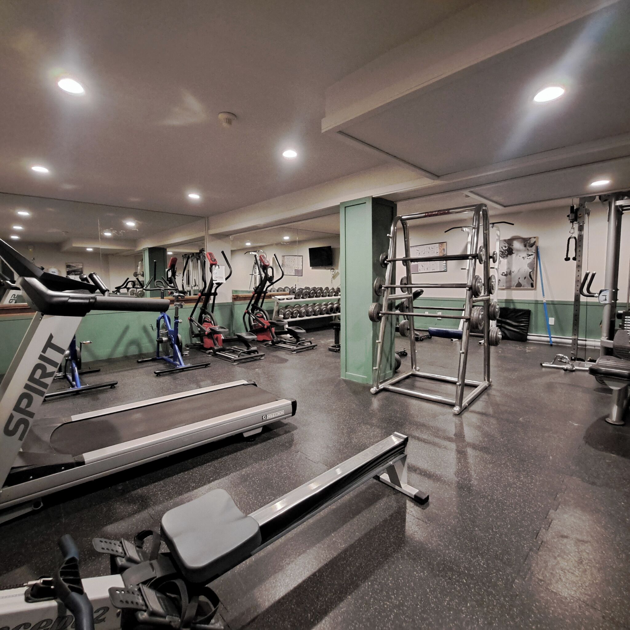 A gym with treadmills, elliptical machines, and weightlifting equipment.