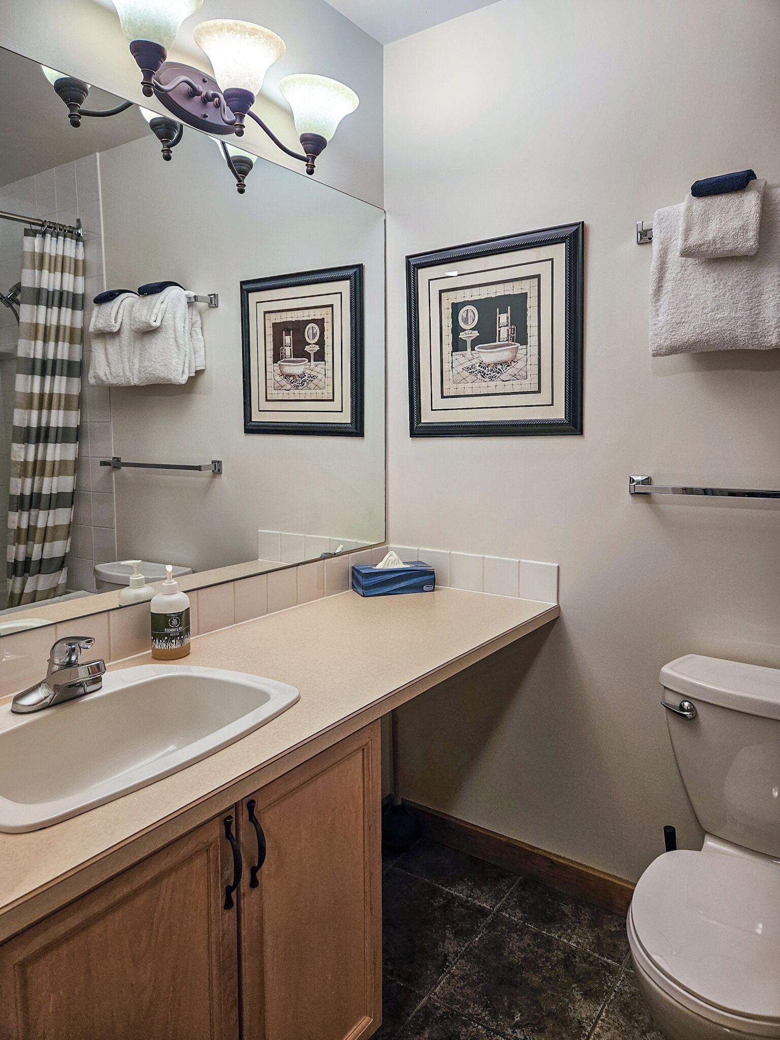 A bathroom with a sink, mirror, framed pictures, a towel rack, and a toilet.