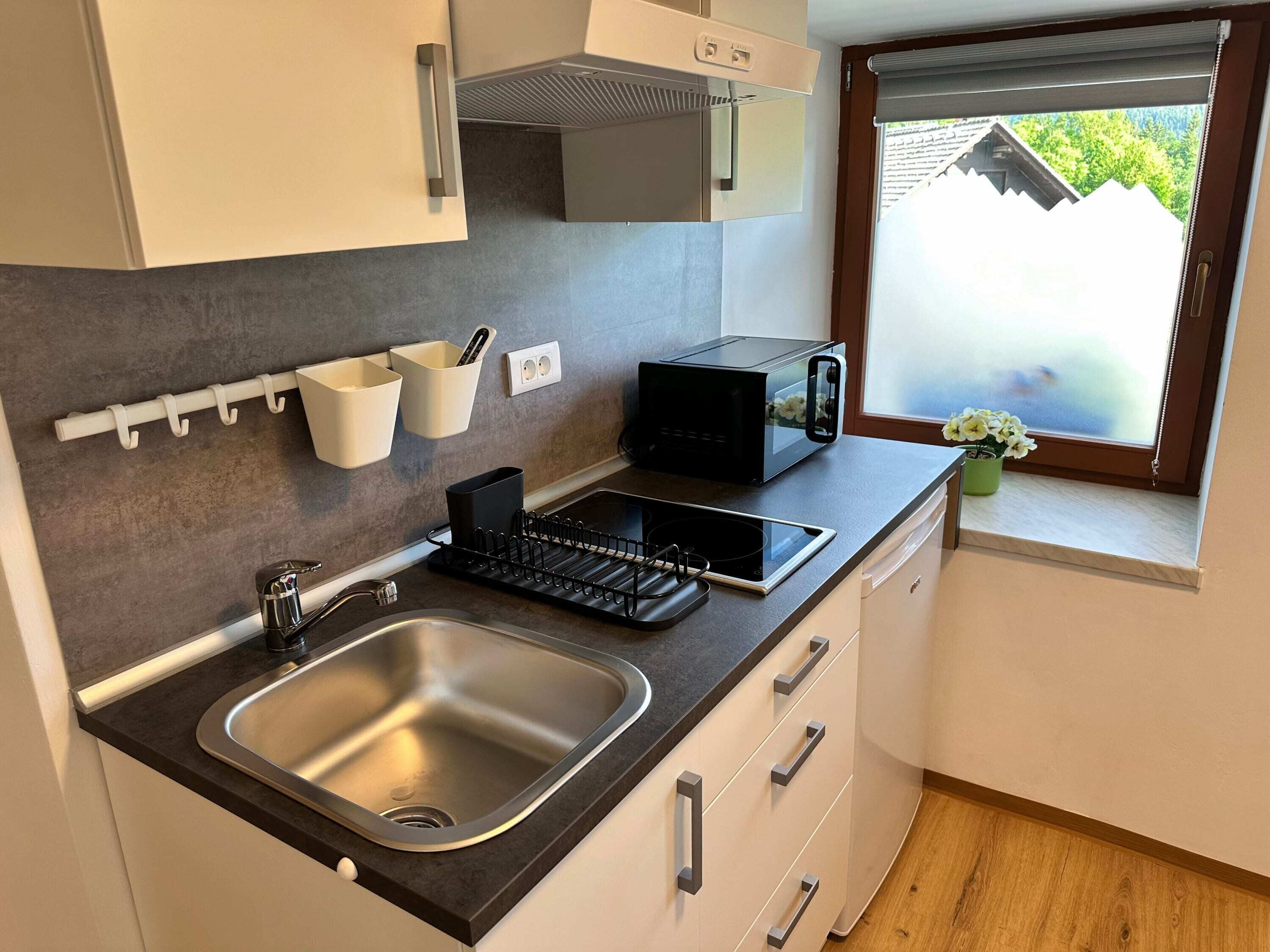 Fridge, microwave, stovetop, coffee/tea maker