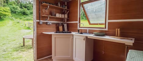 A compact kitchen with wooden cabinets, a window, and a view of greenery outside.