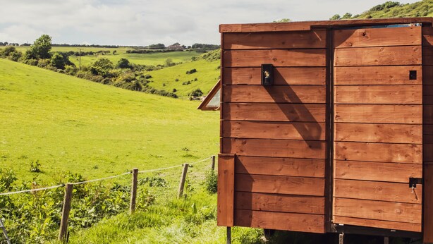 Une structure en bois dotée d’une porte et d’une petite fenêtre, entourée d’un champ herbeux et d’une clôture.