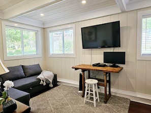 Smart TV, fireplace, books