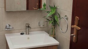 A bathroom with a white sink, a mirror, a wooden cabinet, and a potted plant. - Fed Stay Naalya (Kampala)