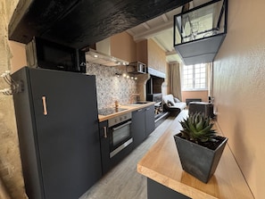 A modern kitchen with a black refrigerator, wooden countertop, and a large potted plant.
