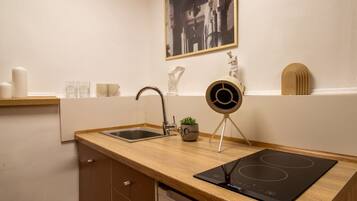 A modern kitchen with a wooden countertop, a stainless steel sink, a black induction cooktop, a small potted plant, and a decorative item on a tripod.