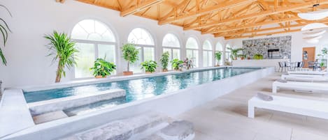 A spacious indoor swimming pool with a high ceiling and arched windows, surrounded by potted plants and a modern kitchen area.
