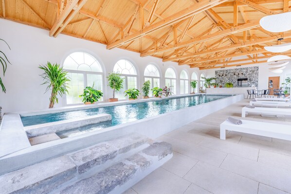 A spacious indoor swimming pool with a high ceiling and arched windows, surrounded by potted plants and a modern kitchen area.