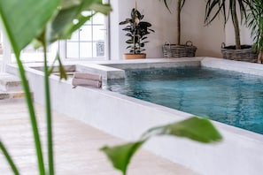 An indoor swimming pool with clear water, surrounded by a white tiled floor and walls, with potted plants and a wicker basket on the side.