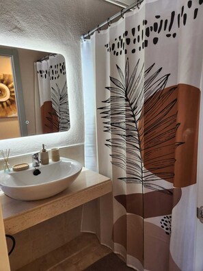 Regadera, secadora de cabello, bidet, toallas