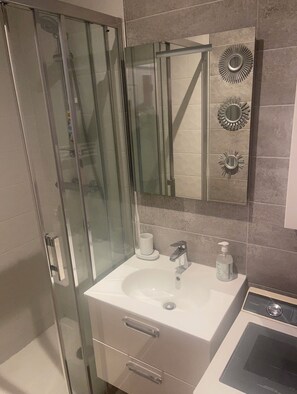 Hair dryer, towels, soap, shampoo - La cabane du pêcheur is a cosy apartment in the former Carolles casino.  (Carolles)