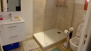 Un baño con ducha, inodoro, lavabo y espejo.