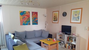 Un saló amb un sofà, una taula de centre, un televisor i una biblioteca.